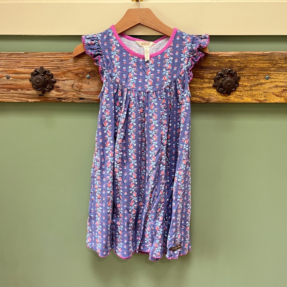 Matilda Jane Girls Purple Floral Flutter Sleeve Knit Dress Size 8 Pink Trim